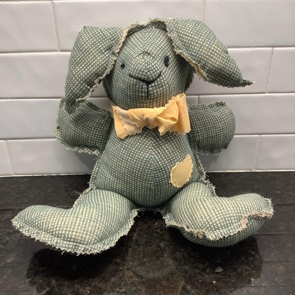 Green Gingham Stuffed Bunny Rabbit with Yellow Bow Tie and Heart